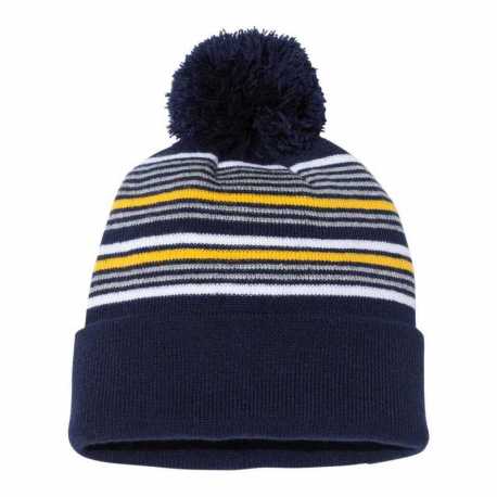 Sportsman SP60 12" Striped Pom-Pom Cuffed Beanie