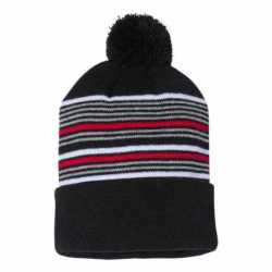 Sportsman SP60 12" Striped Pom-Pom Cuffed Beanie